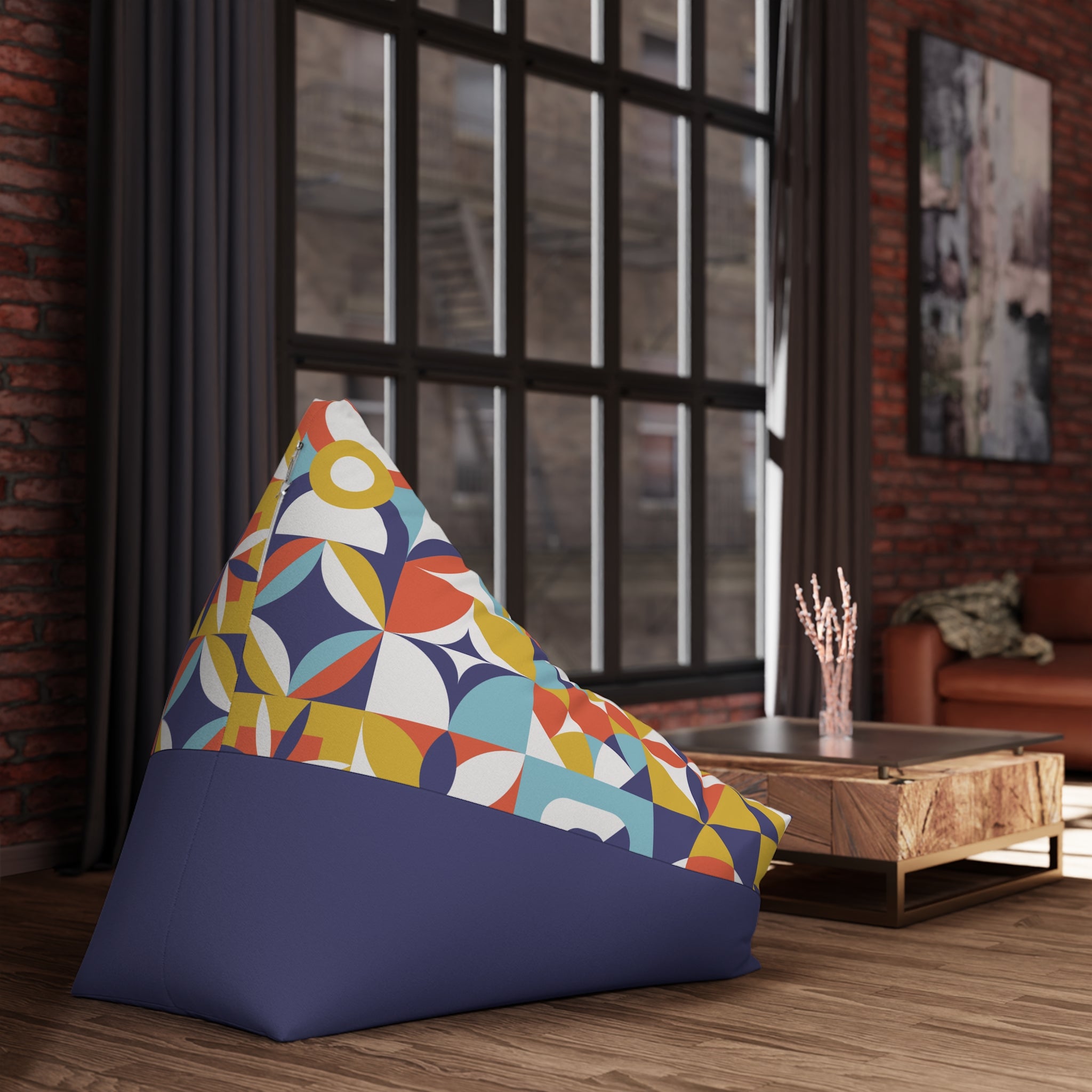 Midcentury Geometric Pattern Bean Bag Chair Cover | Retro Tile Motif