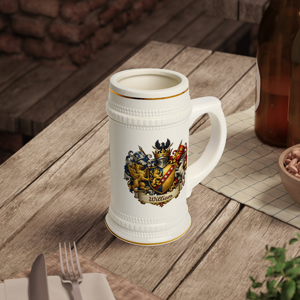 Personalized Family Crest Beer Stein Custom Heraldic Coat of Arms Mug, Engraved Name Gift for Him