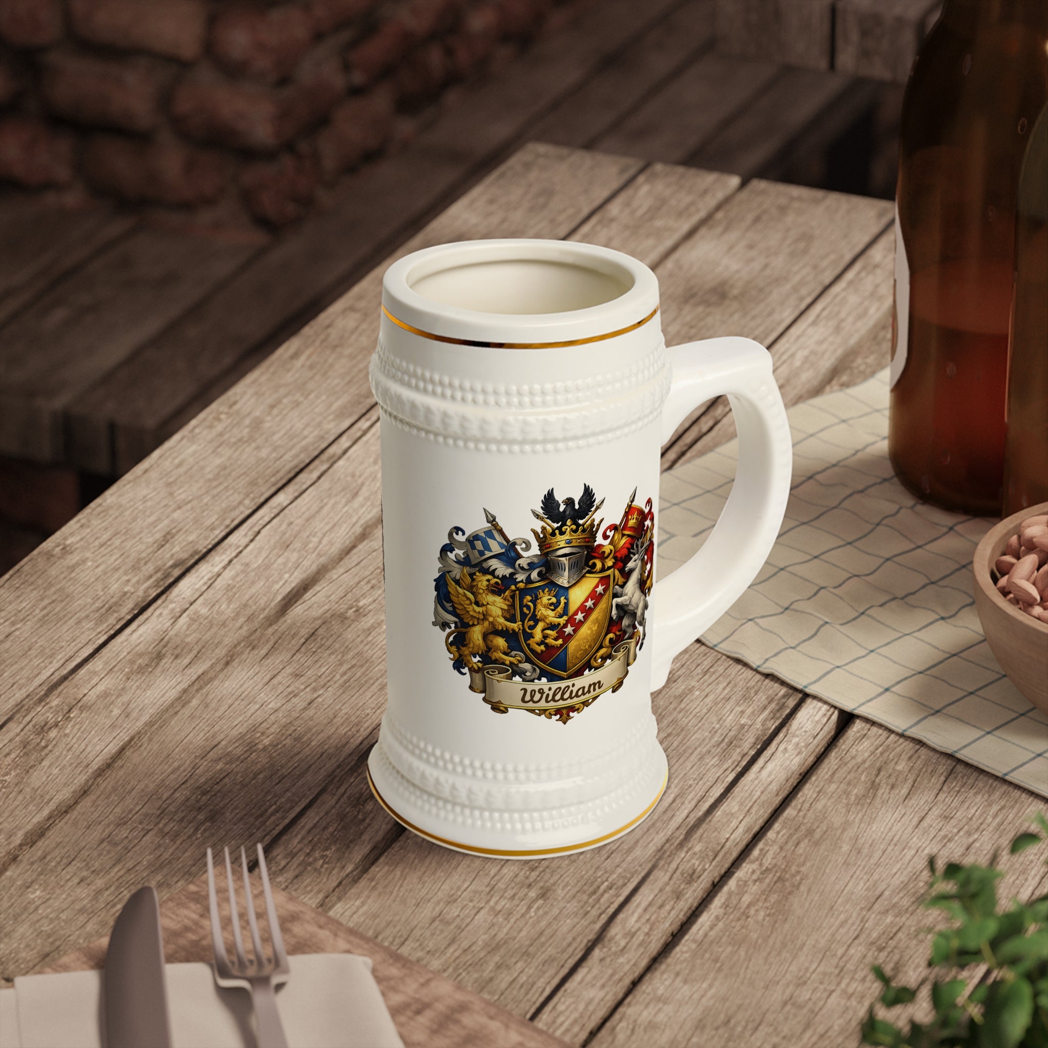 Personalized Family Crest Beer Stein Custom Heraldic Coat of Arms Mug, Engraved Name Gift for Him