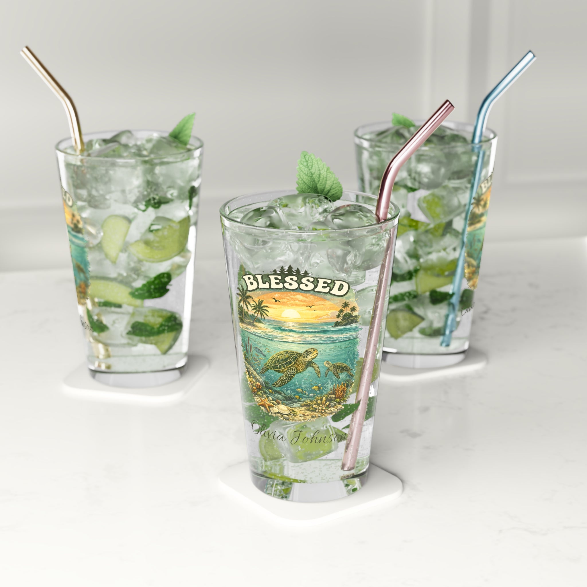Personalized Sea Turtle Pint Glass  Blessed Beach Sunset Beer Glass with Custom Name  Ocean Lover Gift, Coastal Barware