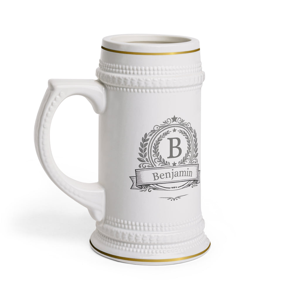 Personalized Crest Beer Stein  Custom Name Ceramic Stein Mug, Monogram Beer Mug Gift for Him