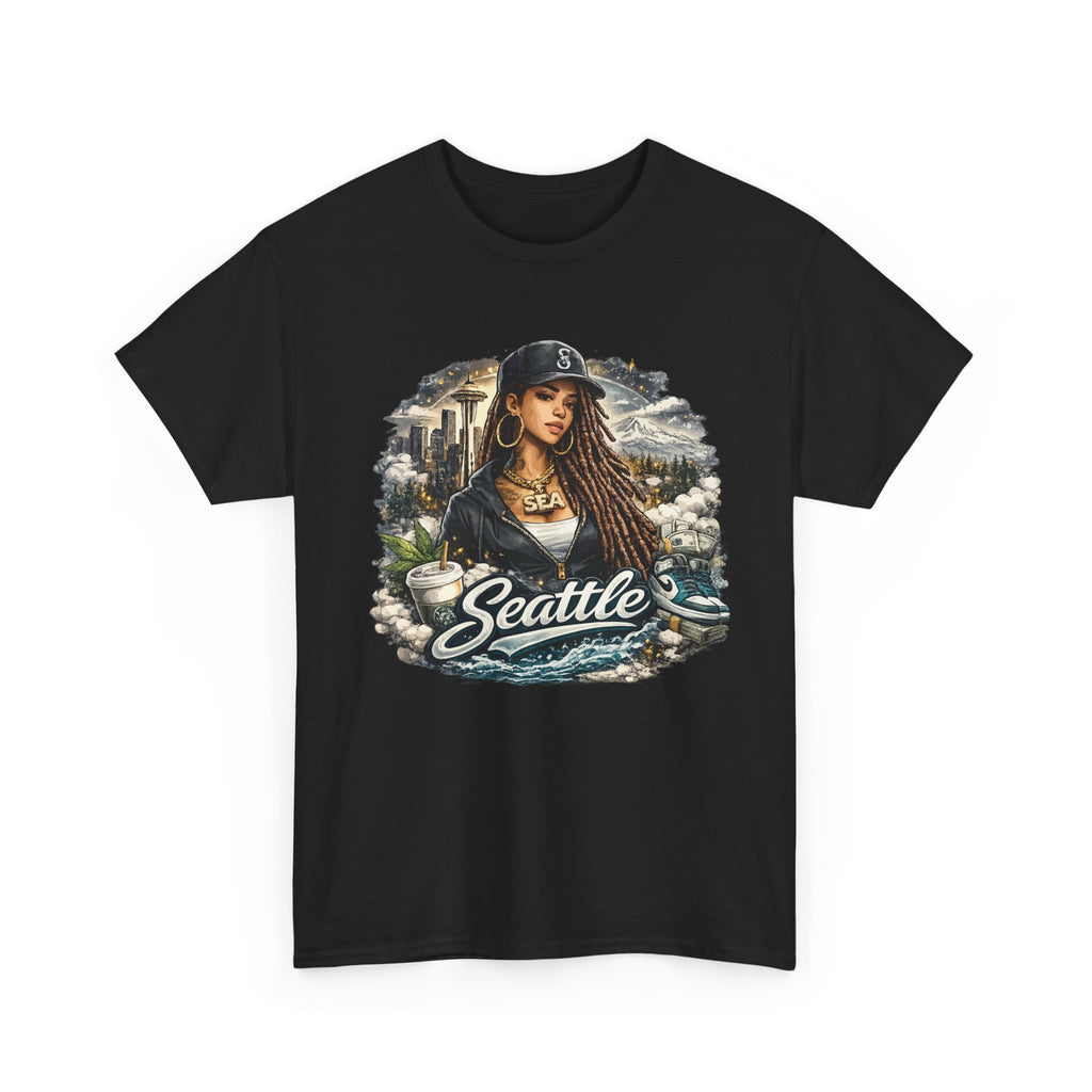 Seattle Cityscape Tee  Woman Portrait Coffee & Skyline Graphic T-Shirt