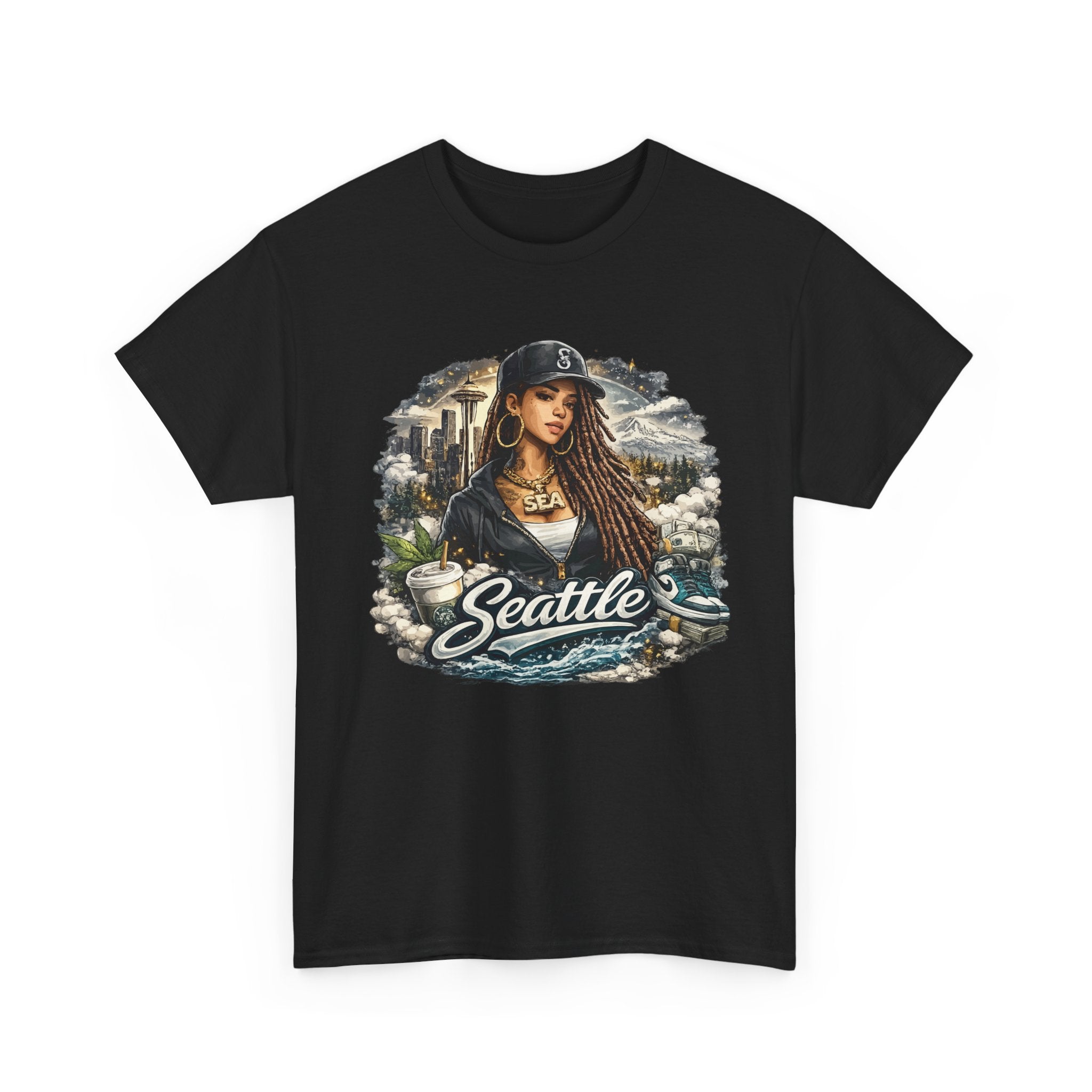 Seattle Cityscape Tee  Woman Portrait Coffee & Skyline Graphic T-Shirt